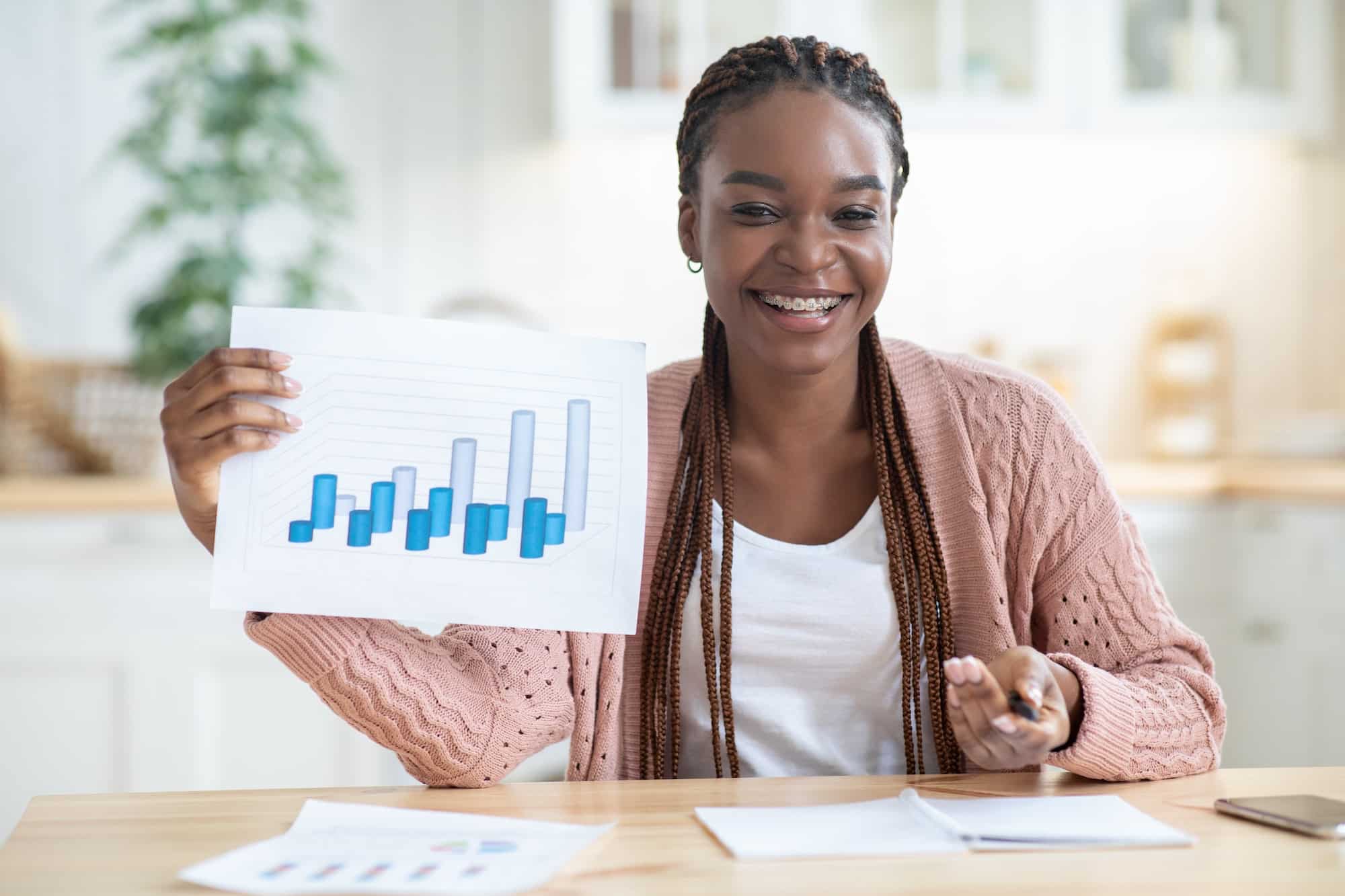 Work From Home. African Financial Councelor Woman Showing Financial Reports At Camera